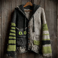 Halloween Black Cat Contrast Striped Hooded Cozy Knit Cardigan elevenforest