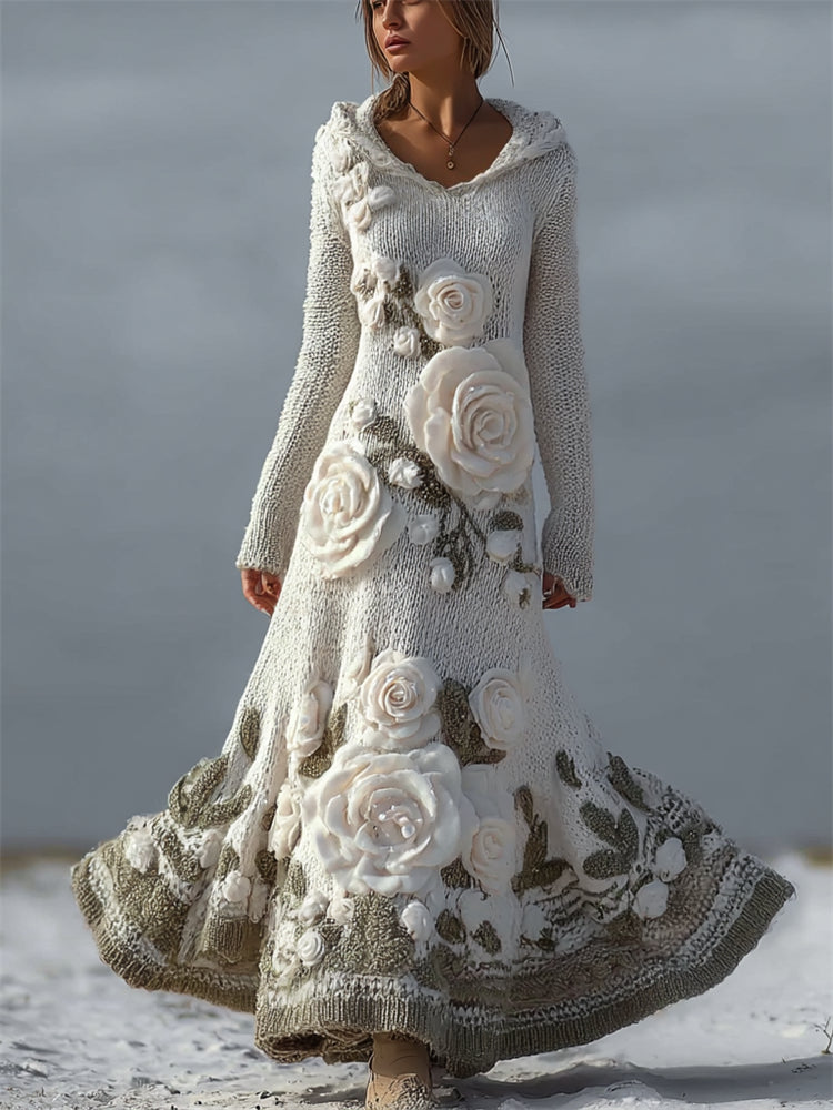 Vintage White Roses Cozy Hooded Maxi Sweater Dress elevenforest