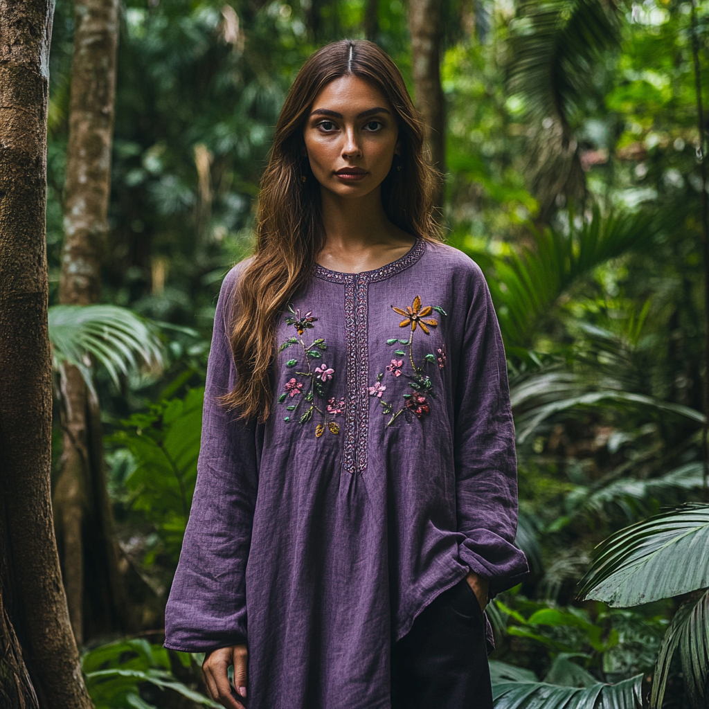 Bohemian Embroidered Linen Crew Neck Shirt elevenforest