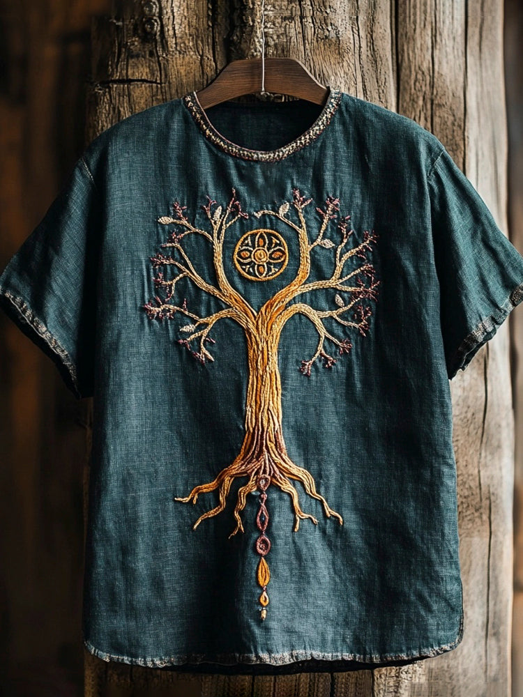 Viking Tree Of Life Embroidered Art Men's Linen T-shirt elevenforest