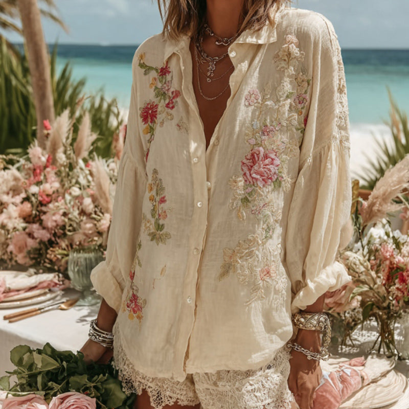 Vintage Floral Pattern Art Linen Comfy Button Shirt elevenforest