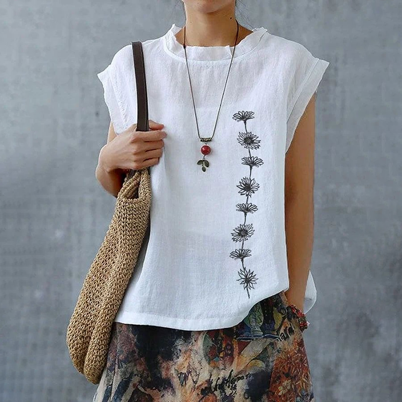 Comstylish Women's Bohemia Ethnic Floral Art Linen V-neek Sleeveless Top
