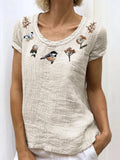 Comstylish Cottage Forest Bird Floral Embroidered Linen Shirt