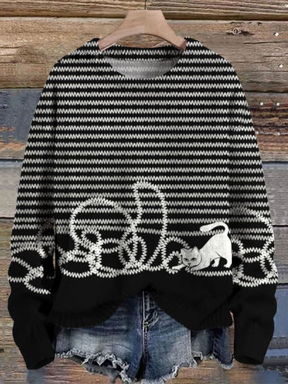 Japanese Art Cute Cat Print Knit Pullover Sweater elevenforest