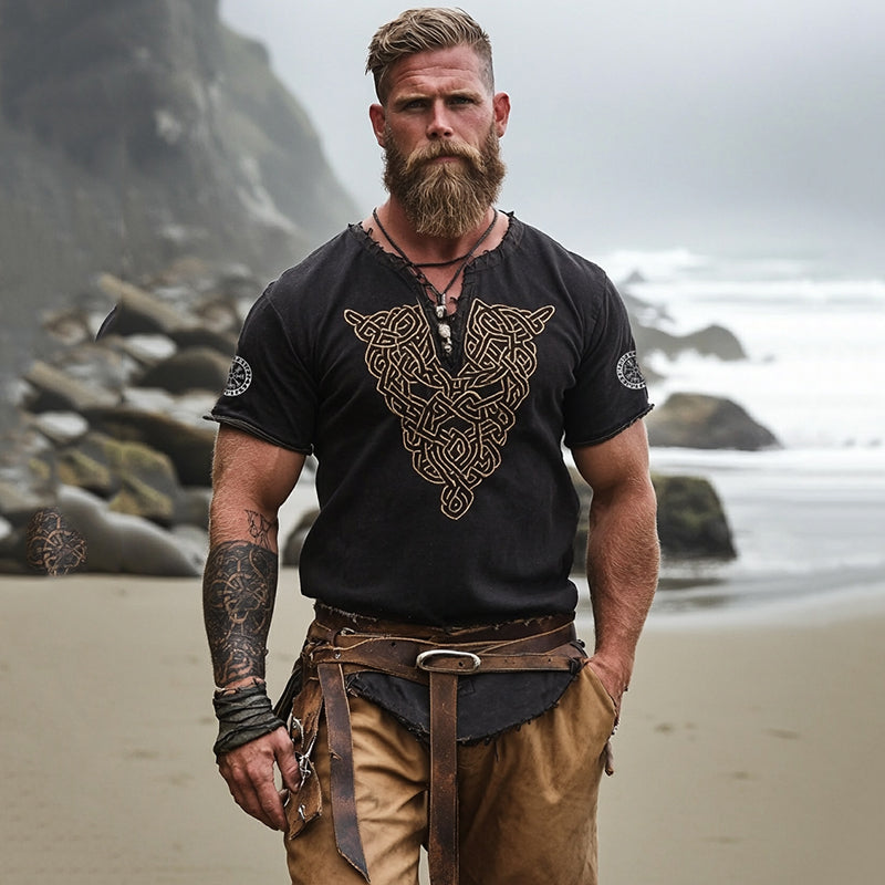 Men's Vintage Viking Print Cotton And Linen Shirt elevenforest