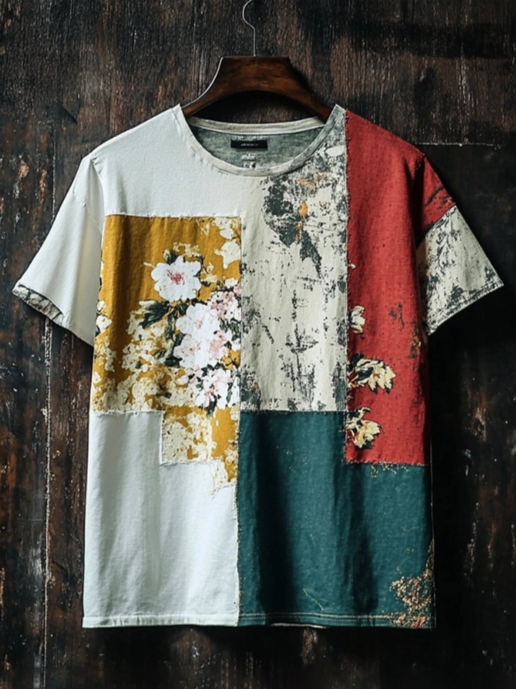 Vintage Floral Patchwork Pattern Men's Linen T-shirt elevenforest