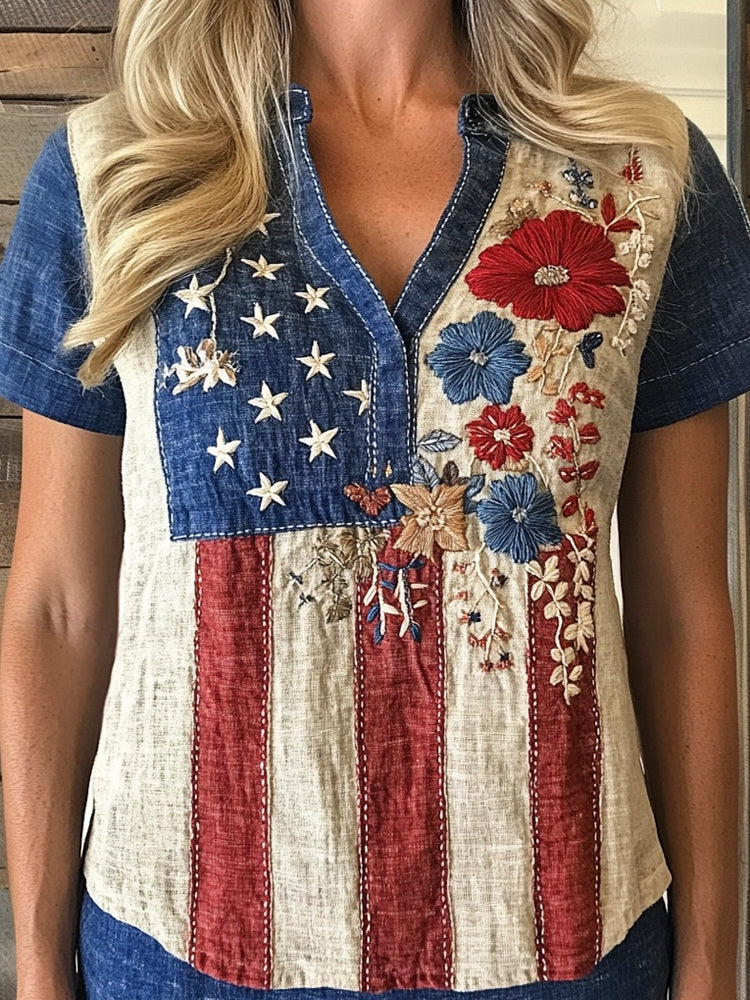 Vintage Flag Floral Embroidery Women's Linen V-neck Shirt elevenforest