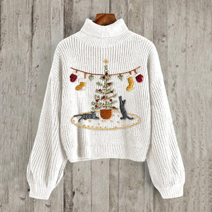 Women's Cat And Christmas Tree Embroidery Art High Collar Cozy Sweater elevenforest