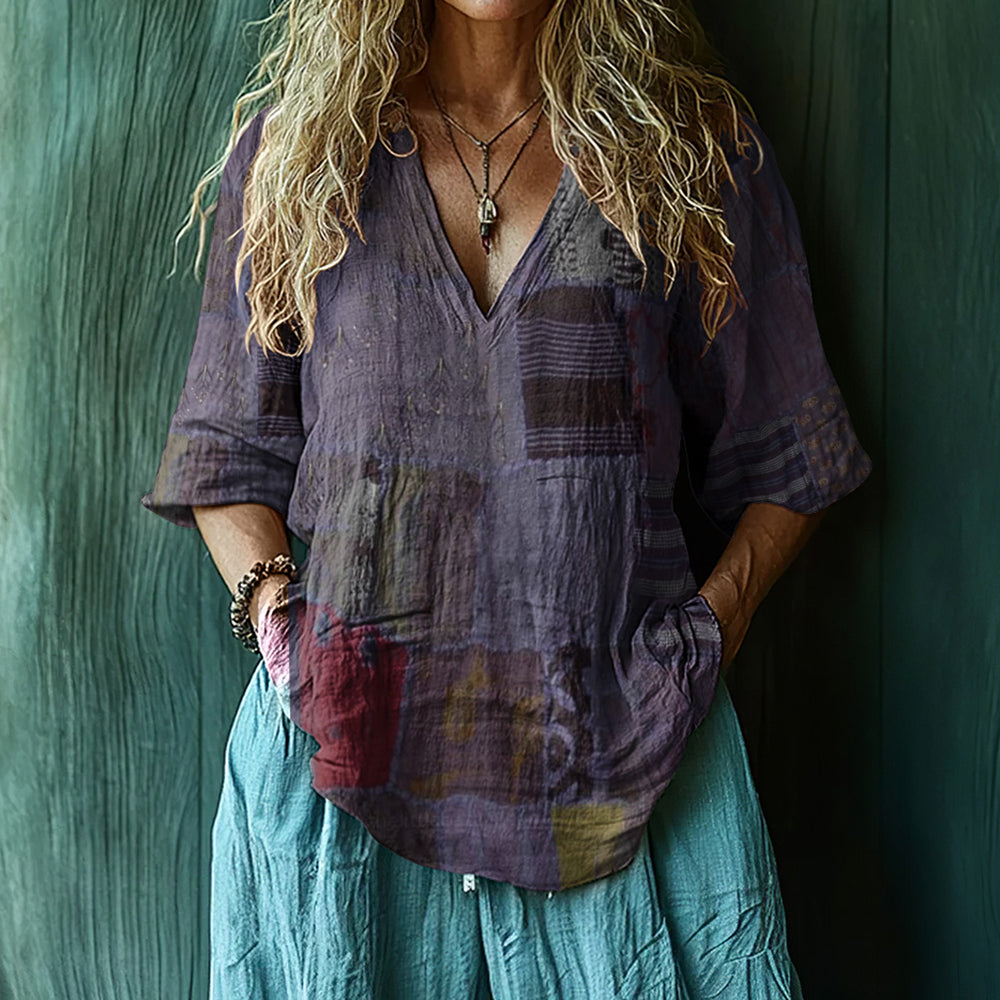 Vintage Boho Patchwork Art Print Short Sleeve V-neck Shirt elevenforest