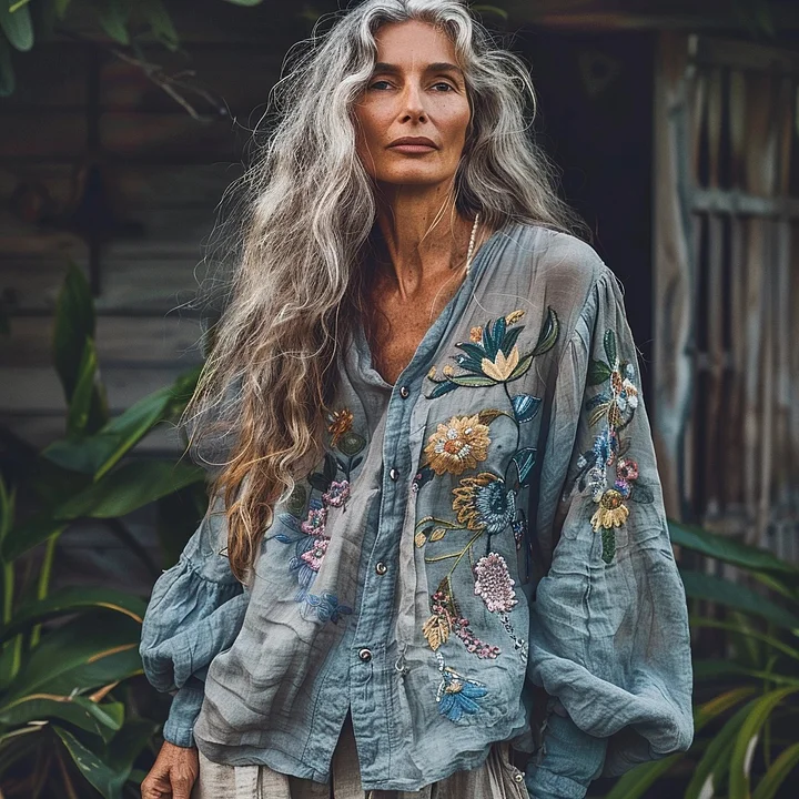 Vintage Bohemian Style Linen Floral Art Print  Long Sleeve Shirt elevenforest