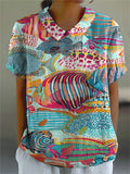 Women's Vintage Lovely Fish Ocean Art Print Casual Cotton And Linen Shirt