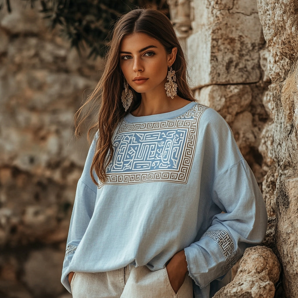 Vintage Greek Key Motif Patchwork Cotton Linen Long Sleeves Shirt elevenforest