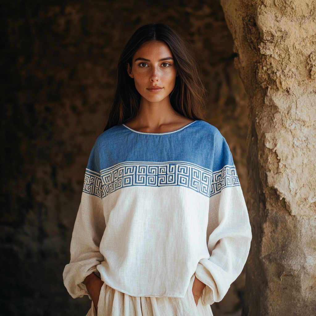 Vintage Greek Key Art Embroidered Linen Blend T-shirt elevenforest