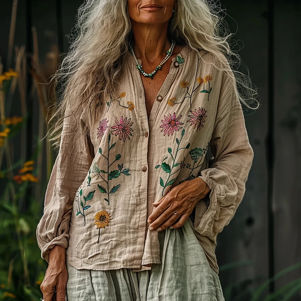 Bohemian Linen Floral Art Print Long Sleeve Loose  Shirt elevenforest