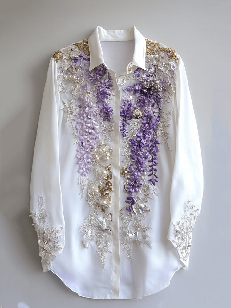 Women's Purple Floral Embroidered Art Linen Blend Shirt elevenforest