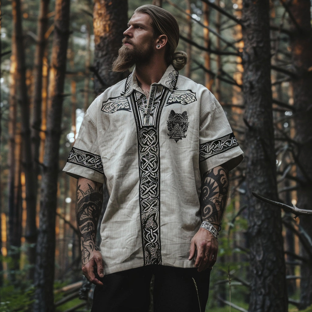 Men's Viking Celtic Mythology Wolf Head Triangle Pattern Lapel Shirt elevenforest