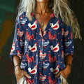 Women's Independence Day Vintage Rooster Art Print Cotton And Linen Shirt elevenforest