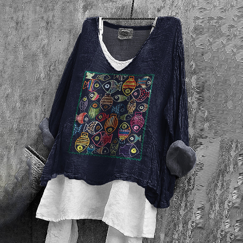 Women's Japanese Fish Art Print V-neck Loose Linen T-shirt elevenforest