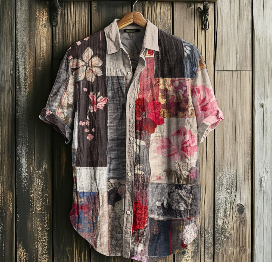 Men's Retro Floral Geometry Art Linen Casual Shirt elevenforest