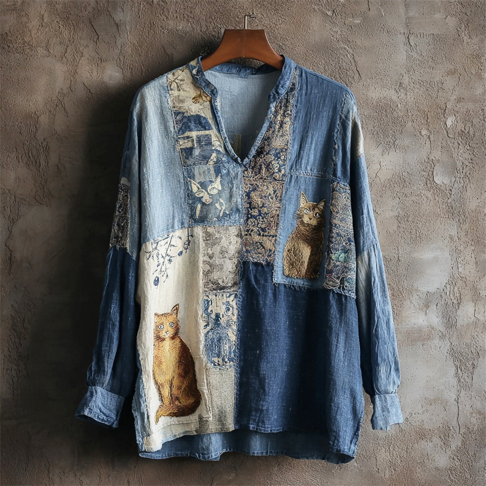 Vintage Shabby Patchwork Cat Women's V-neck Shirt elevenforest