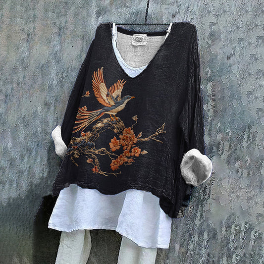 Comstylish Women's Floral And Bird Art Linen Long-sleeved Shirt