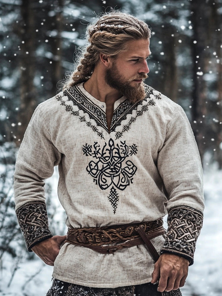 Vintage Viking Totem Men's Long Sleeve Linen Shirt elevenforest