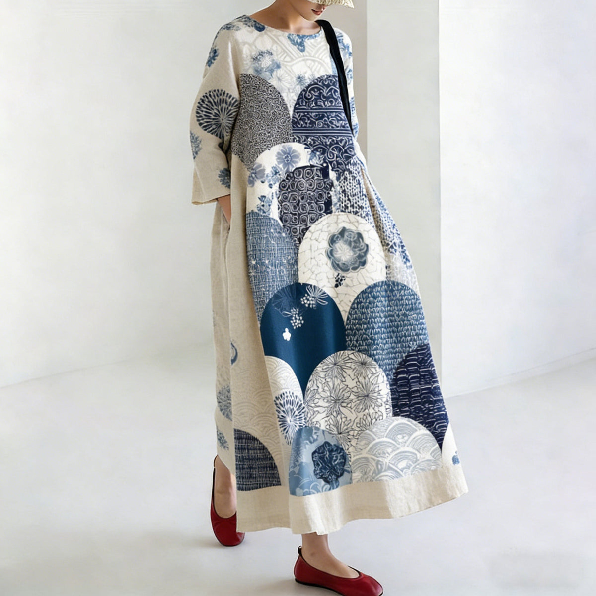 Comstylish Women's Japanese-style Linen Dress With Geometric And Floral Patterns