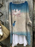 Lotus & Bird Embroidery Gradient Japanese Linen Blend Tunic elevenforest