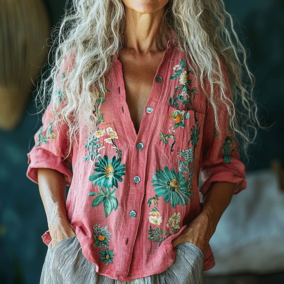 Retro Bohemian Style Linen Floral Art Print Long Sleeve Loose  Shirt elevenforest
