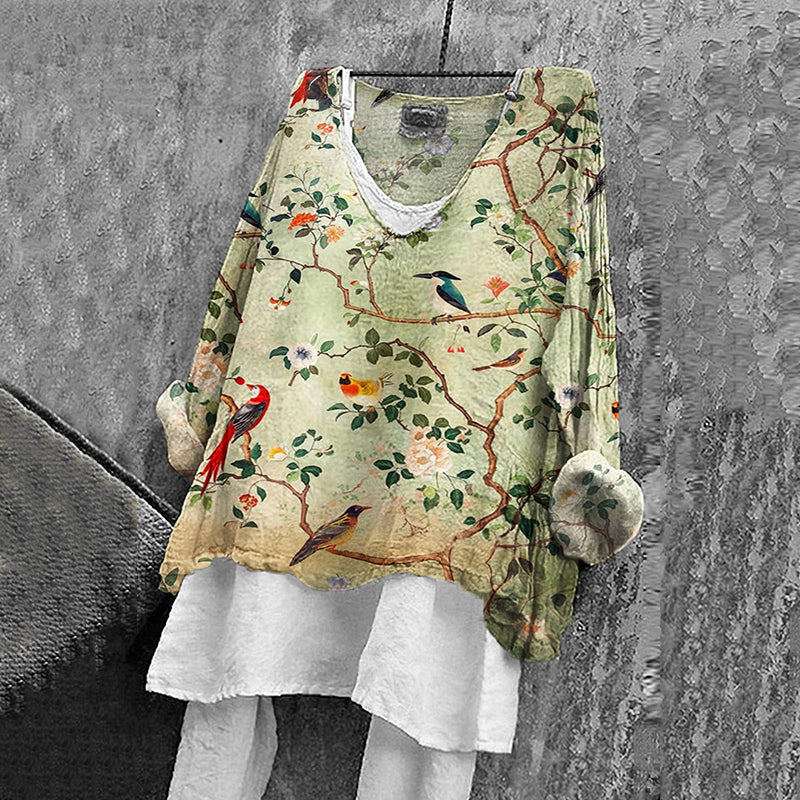 Women's Japanese Flower And Bird Art Print Loose V-neck Shirt elevenforest