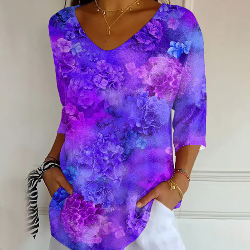 Comstylish Women's Casual Purple Awareness Purple Floral Graphic Print V Neck T-shirt