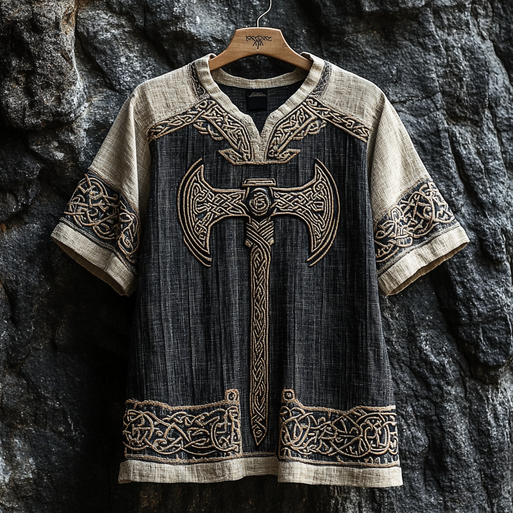 Men's Viking Runes Axe Celtic Patchwork Art Linen Shirt elevenforest