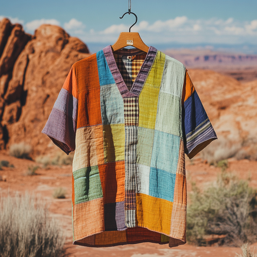 Men's Contrast Colors And Strip Patchwork Sun Linen T-shirt elevenforest
