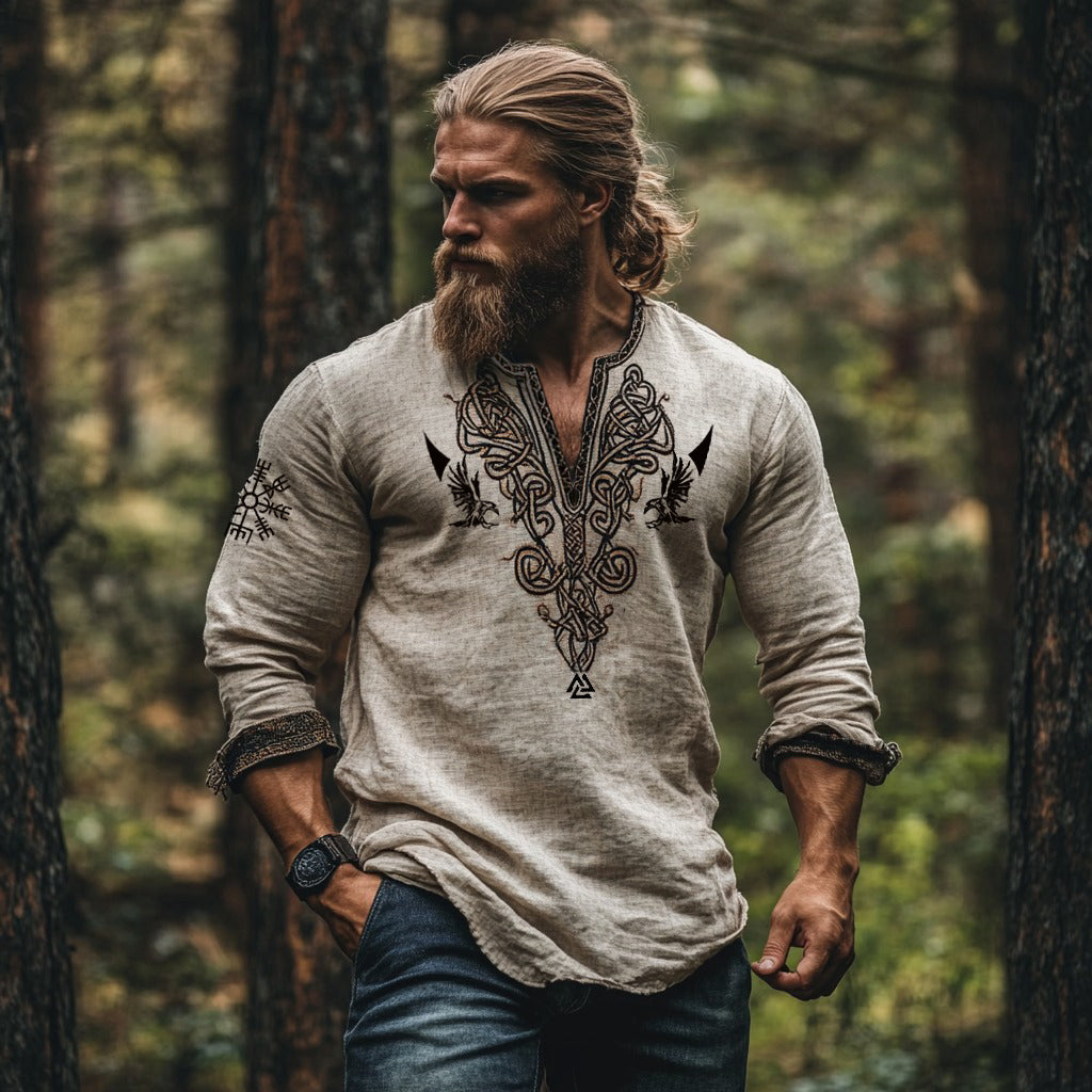 Vintage Viking Celtic Mythology Linen Blend Loose V-neck Shirt elevenforest