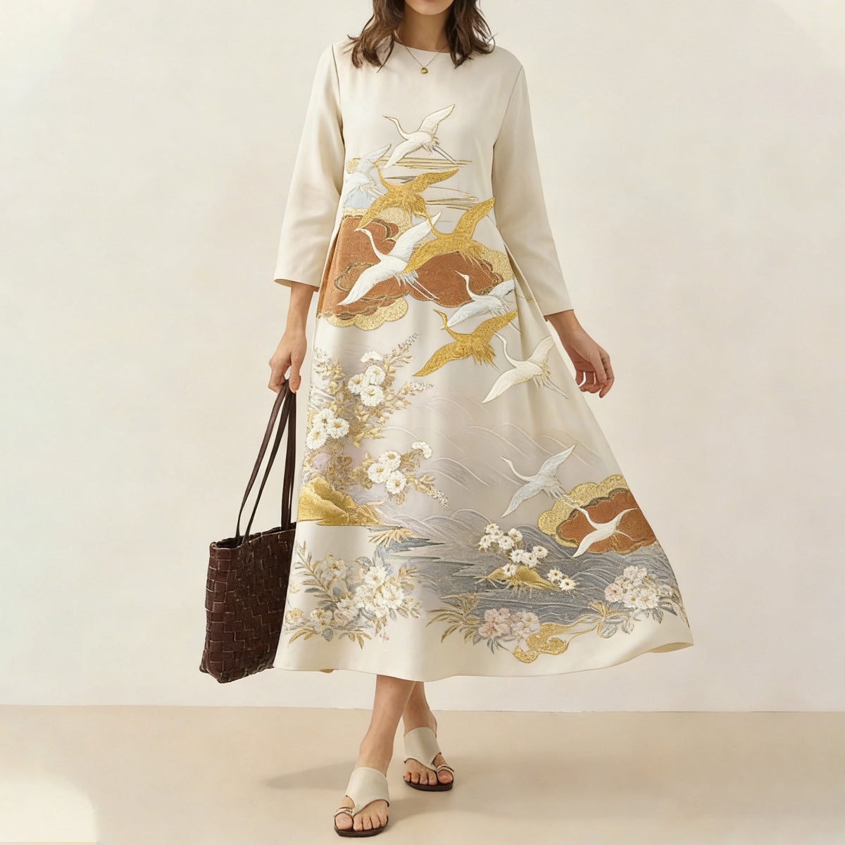 Comstylish Japanese Retro Floral With Crane Print Art Comfy Maxi Dress