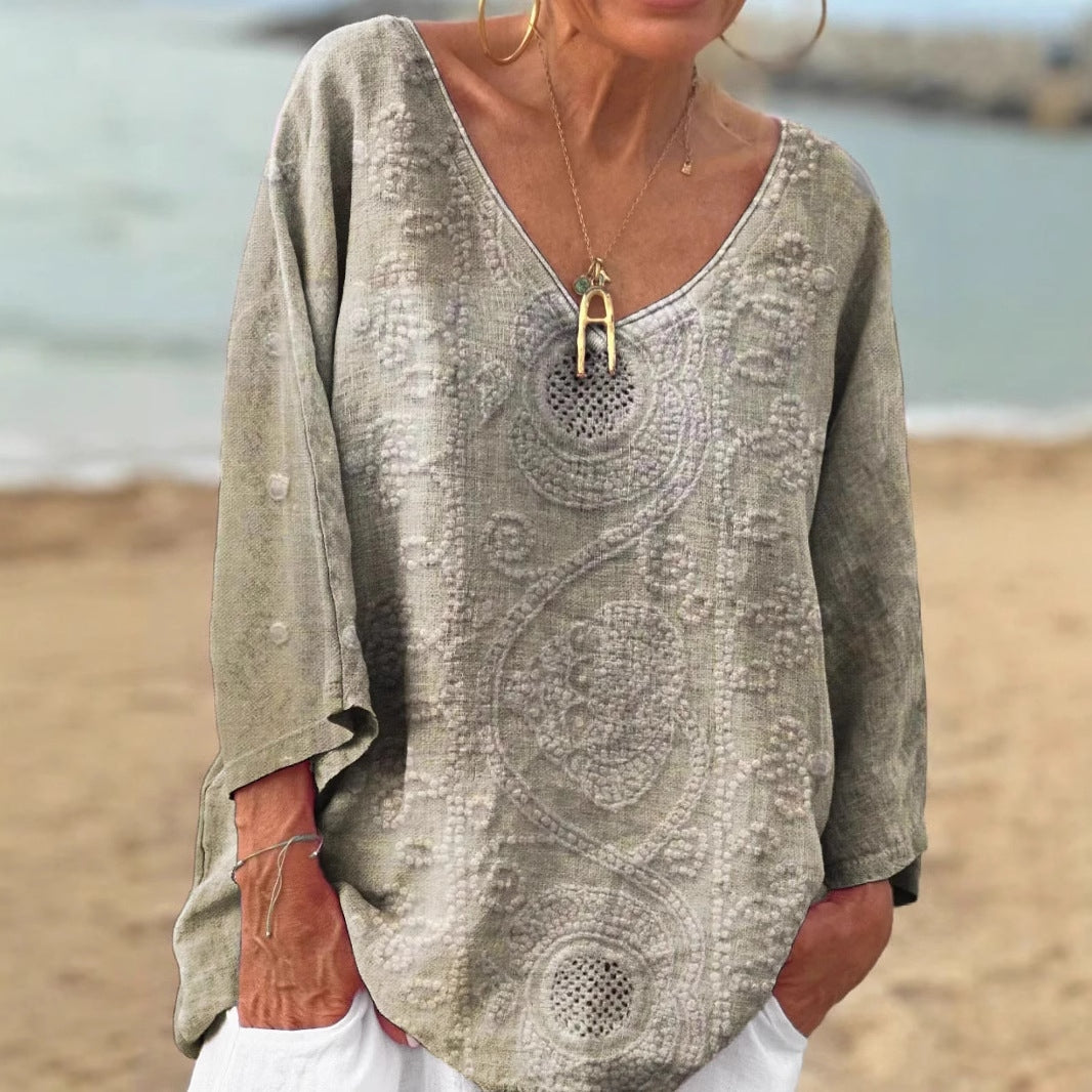 Comstylish Vintage Floral Embroidered V-neck Loose Linen Blend T-shirt