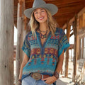 Women's Vintage Western Geometric Print V-neck Short Sleeve Linen Blend Shirt elevenforest