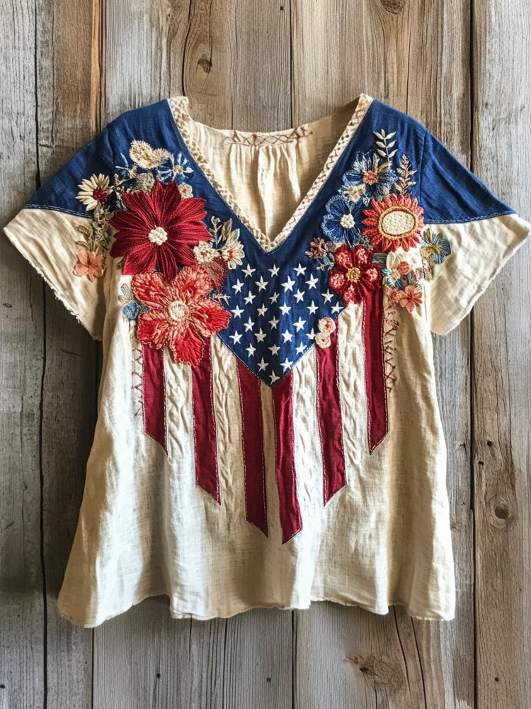 Vintage Flag Floral Embroidery Women's Linen V-neck T-shirt elevenforest