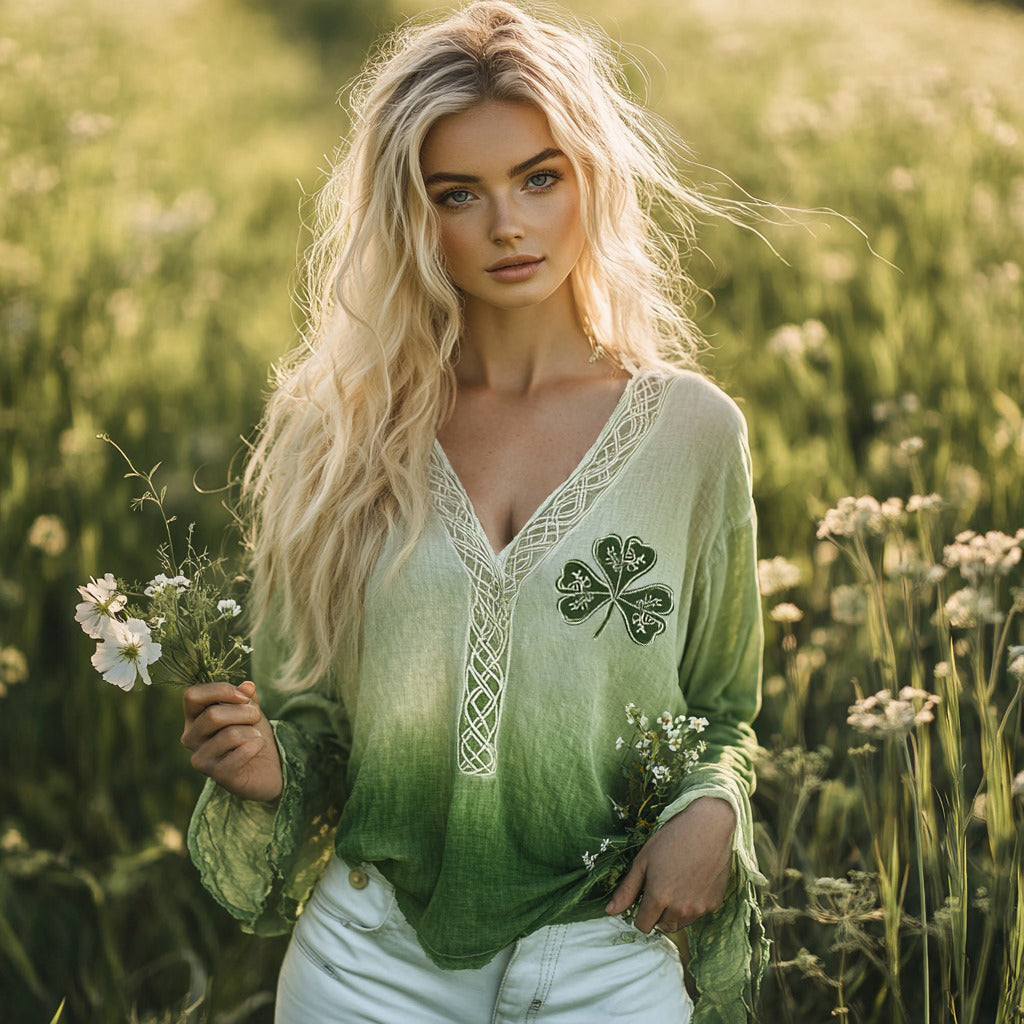 Cozy St. Patrick's Shamrock Celtic Knot Blend Linen V-neck Shirt elevenforest