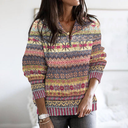 Vintage Ethnic Wavy Jacquard Contrast Print Stand Collar Zipper Sweater elevenforest