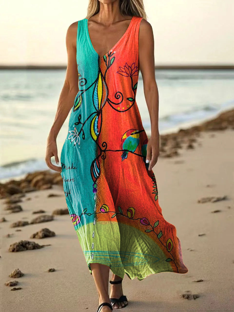 Women's Vintage Floral Bird Art Print Pocket Cotton Dress
