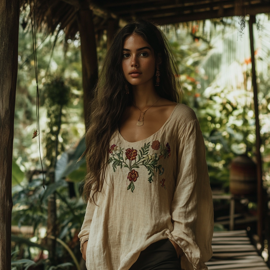 Comstylish Vintage Bohemian Floral Embroidered Linen Crew Neck T-shirt