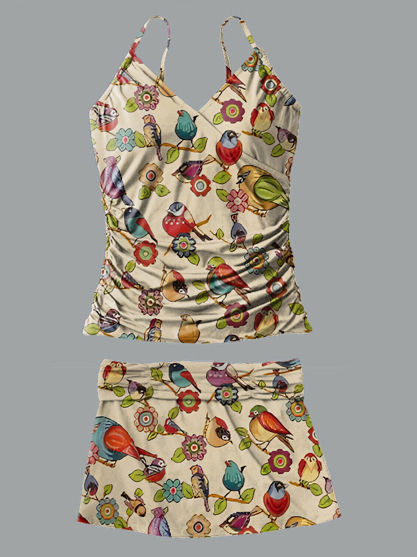 V-Neck Vintage Ethnic Multicolor Bird Parrot Art Print Suspender Skirt Tankini Pantskirt Set Swimsuit