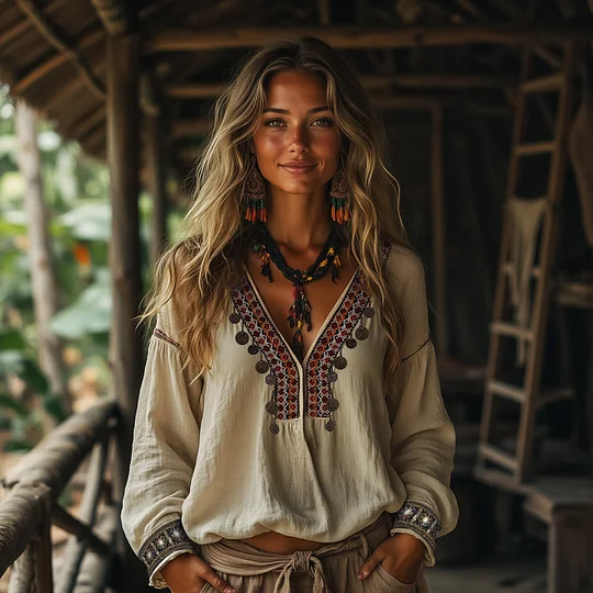Casual Ethnic Style Embroidered Linen V Neck Long Sleeve Shirt elevenforest
