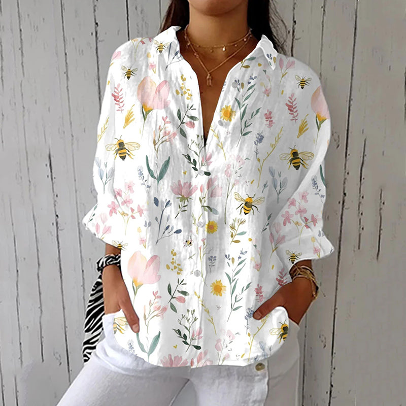 Women's Vintage Bee Floral Art Print Casual Linen V-neck Shirt elevenforest