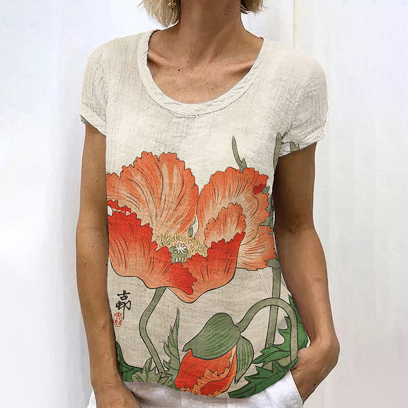 Japanese Art Flower Print Casual T-Shirt elevenforest