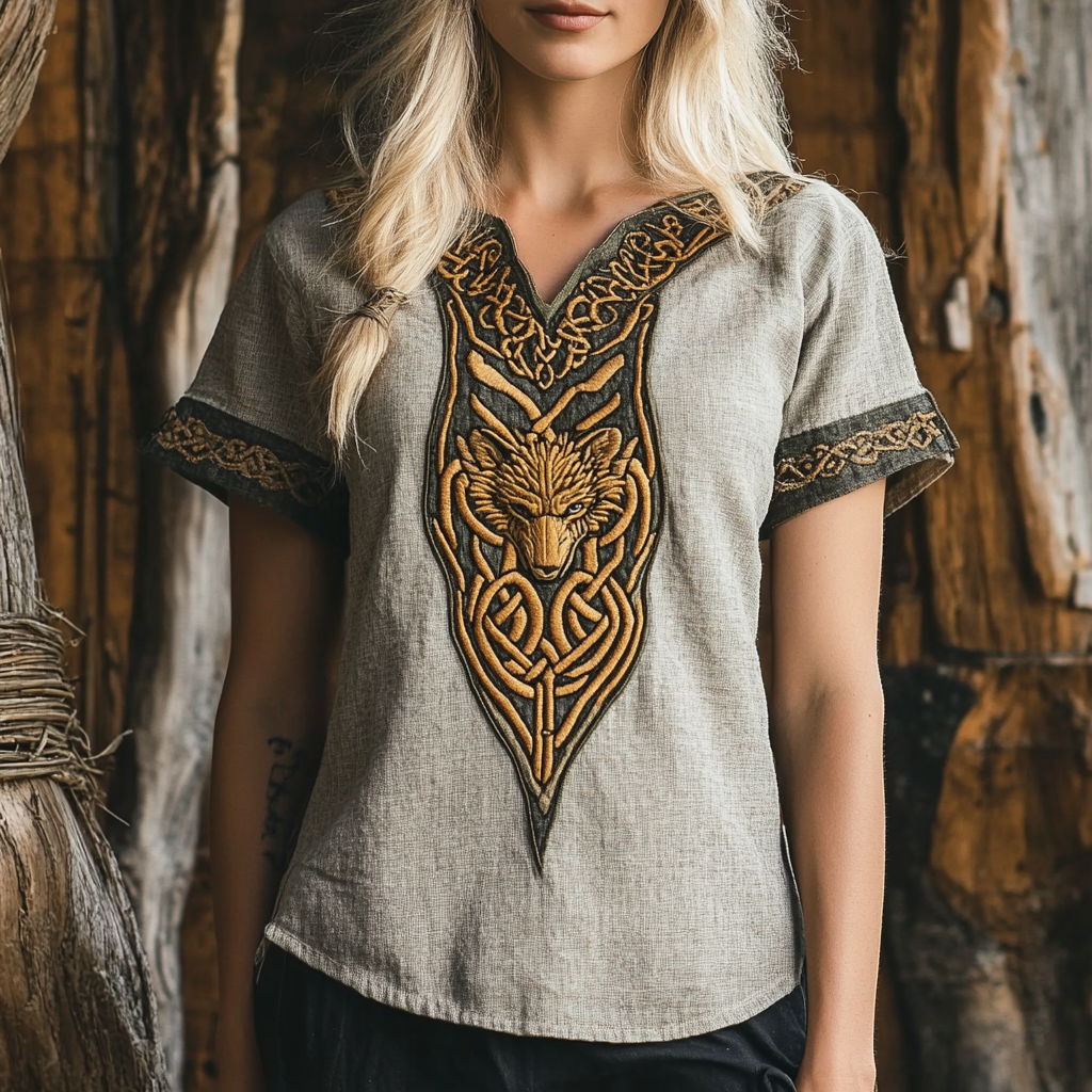 Womens Tribal Viking Wolf Celtic Knot Linen Shirt elevenforest