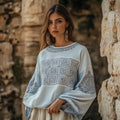 Vintage Greek Key Motif Patchwork Cotton Linen Contrast Shirt elevenforest