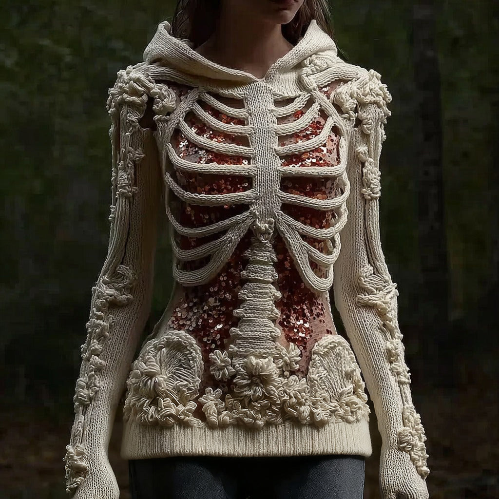 Comstylish Halloween Skull Floral Knitted Warm Hooded Sweater