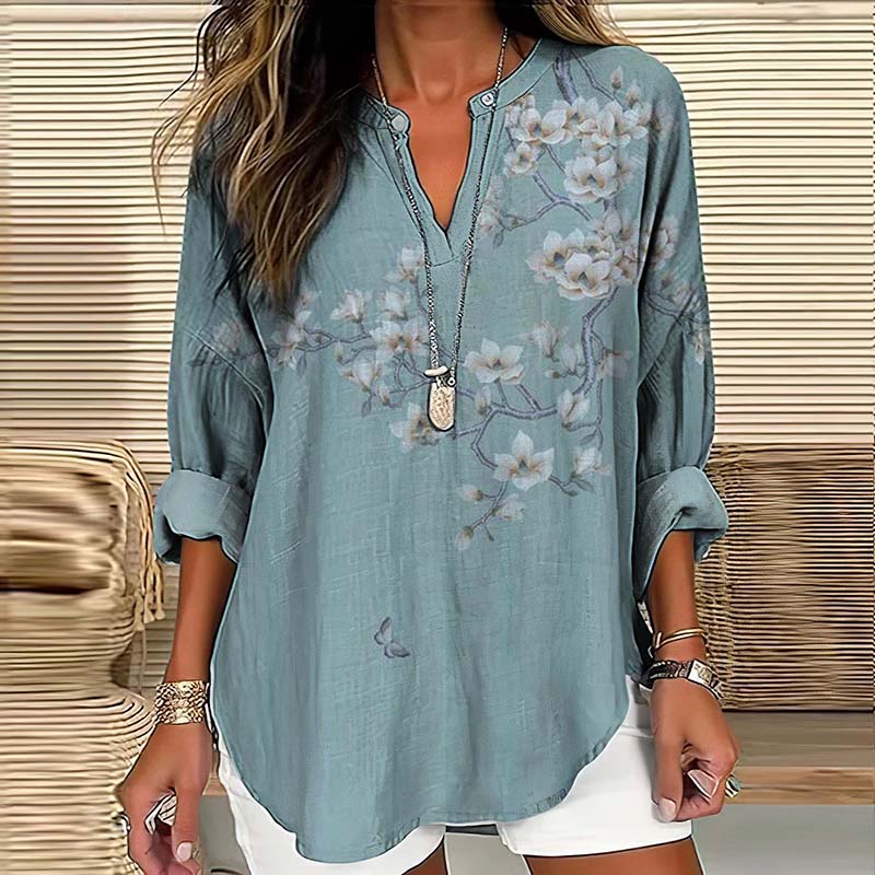 Vintage Floral Art Printed V Neck Casual Shirt elevenforest
